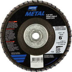 Norton - 80 Grit, 6" Disc Diam, 5/8-11 Center Hole, Type 29 Zirconia Alumina Flap Disc - 10,200 Max RPM, Fiberglass Backing, Arbor Attaching System, Coated - Industrial Tool & Supply