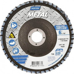 Norton - 80 Grit, 6" Disc Diam, 7/8" Center Hole, Type 29 Zirconia Alumina Flap Disc - 10,200 Max RPM, Fiberglass Backing, Arbor Attaching System, Coated - Industrial Tool & Supply