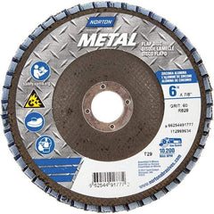 Norton - 60 Grit, 6" Disc Diam, 7/8" Center Hole, Type 29 Zirconia Alumina Flap Disc - 10,200 Max RPM, Fiberglass Backing, Arbor Attaching System, Coated - Industrial Tool & Supply