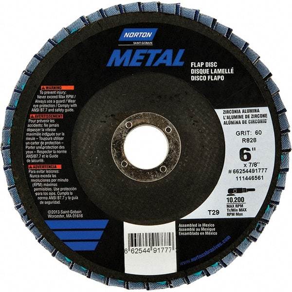 Norton - 40 Grit, 6" Disc Diam, 7/8" Center Hole, Type 29 Zirconia Alumina Flap Disc - 10,200 Max RPM, Fiberglass Backing, Arbor Attaching System, Coated - Industrial Tool & Supply