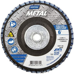 Norton - 60 Grit, 6" Disc Diam, 5/8-11 Center Hole, Type 27 Zirconia Alumina Flap Disc - 10,200 Max RPM, Fiberglass Backing, Arbor Attaching System, Coated - Industrial Tool & Supply