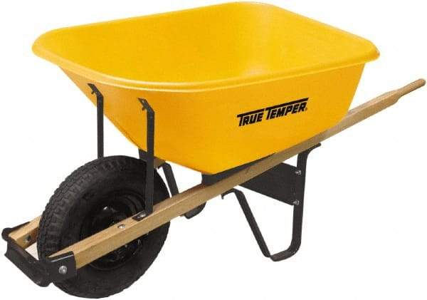True Temper - 6 Cu Ft Capacity Wheelbarrow with 16" Pneumatic Wheel - Hardwood Handle, 60" Long x 30" Wide x 27" High, Yellow - Industrial Tool & Supply