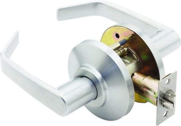 Stanley - Grade 2 Passage Lever Lockset for 1-3/8 to 2" Thick Doors - 2-3/4" Back Set, No Cylinder, Brass, Satin Chrome Finish - Industrial Tool & Supply