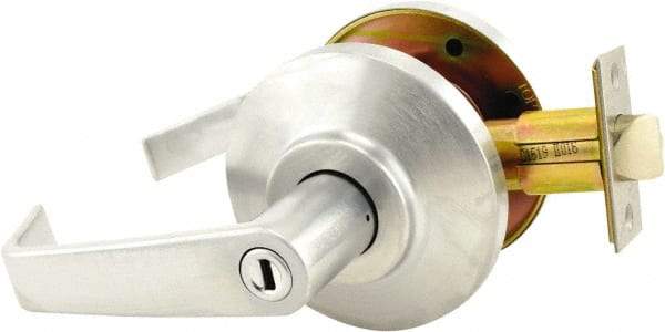Stanley - Grade 2 Privacy Lever Lockset for 1-3/8 to 2" Thick Doors - 2-3/4" Back Set, No Cylinder, Brass, Satin Chrome Finish - Industrial Tool & Supply