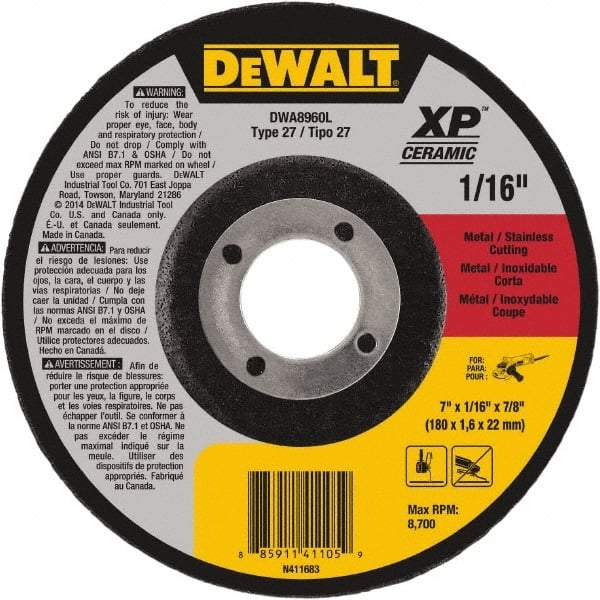DeWALT - 7" Wheel Diam, 1/16" Wheel Thickness, 7/8" Arbor Hole, Type 27 Depressed Center Wheel - Fine/Coarse Grade, Ceramic, 8,700 Max RPM - Industrial Tool & Supply