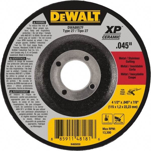 DeWALT - 4-1/2" Wheel Diam, 7/8" Arbor Hole, Type 27 Depressed Center Wheel - Fine/Coarse Grade, Ceramic, 13,300 Max RPM - Industrial Tool & Supply