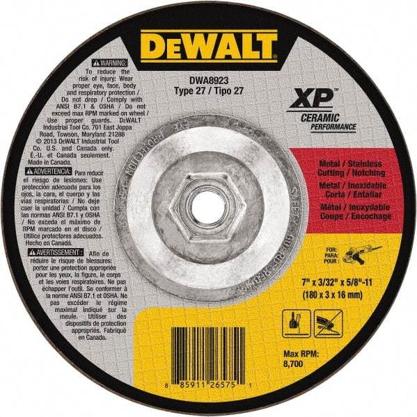 DeWALT - 7" Wheel Diam, 3/32" Wheel Thickness, 5/8" Arbor Hole, Type 27 Depressed Center Wheel - Fine/Coarse Grade, Ceramic, 8,700 Max RPM - Industrial Tool & Supply