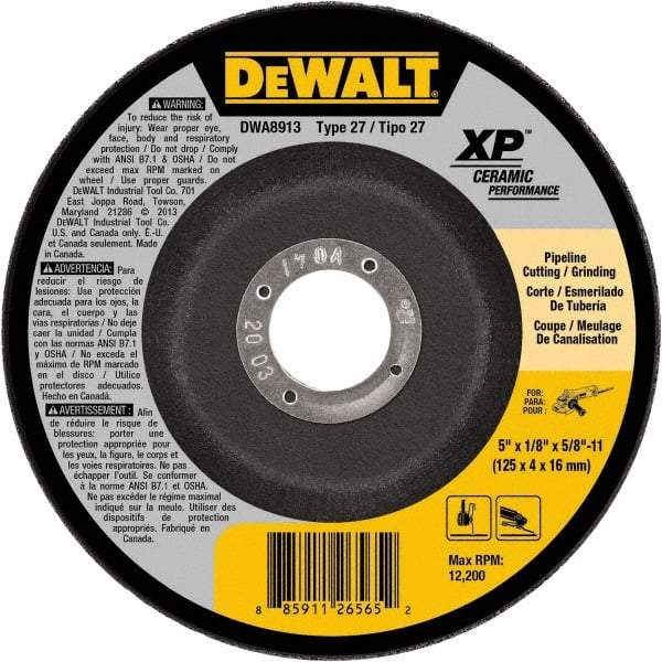 DeWALT - 5" Wheel Diam, 1/8" Wheel Thickness, 5/8" Arbor Hole, Type 27 Depressed Center Wheel - Fine/Coarse Grade, Ceramic, 12,200 Max RPM - Industrial Tool & Supply