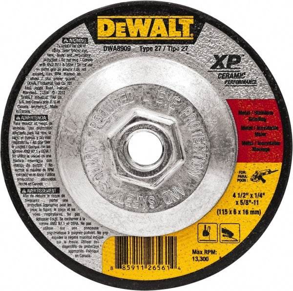 DeWALT - 4-1/2" Wheel Diam, 1/4" Wheel Thickness, 5/8" Arbor Hole, Type 27 Depressed Center Wheel - Fine/Coarse Grade, Ceramic, 13,300 Max RPM - Industrial Tool & Supply