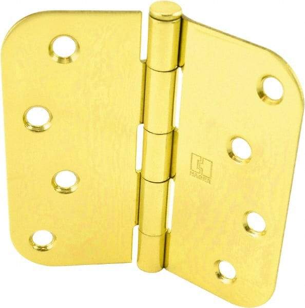 Hager - 4" Wide x 4" High 5/8 Radius Residential Hinge - Round Edge, Steel, Bright Brass Finish - Industrial Tool & Supply