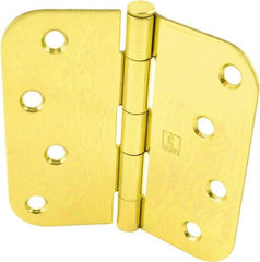 Hager - 4" Wide x 4" High 5/8 Radius Residential Hinge - Round Edge, Steel, Bright Brass Finish - Industrial Tool & Supply
