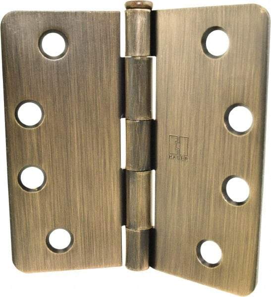 Hager - 4" Wide x 4" High 1/4 Radius Residential Hinge - Round Edge, Steel, Antique Bronze Finish - Industrial Tool & Supply