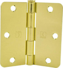 Hager - 3-1/2" Wide x 3-1/2" High 1/4 Radius Residential Hinge - Round Edge, Steel, Bright Brass Finish - Industrial Tool & Supply
