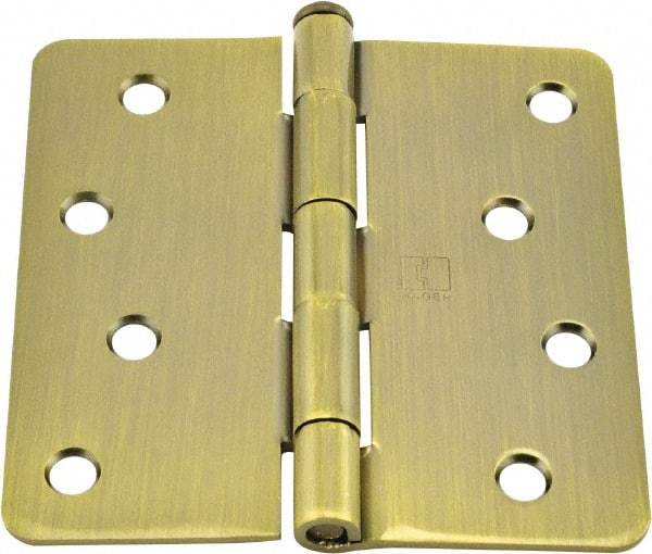 Hager - 4" Wide x 4" High 1/4 Radius Residential Hinge - Round Edge, Steel, Antique Brass Finish - Industrial Tool & Supply