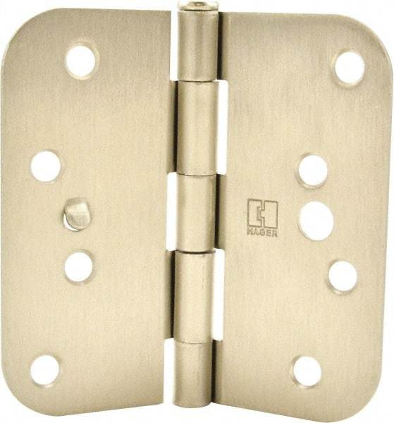 Hager - 4" Wide x 4" High 5/8 Radius Residential Hinge - Round Edge, Steel, Satin Nickel Finish - Industrial Tool & Supply