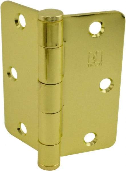 Hager - 3-1/2" Wide x 3-1/2" High Standard Weight Plain Bearing Residential Hinge - Round Edge, Steel, Bright Brass Finish - Industrial Tool & Supply