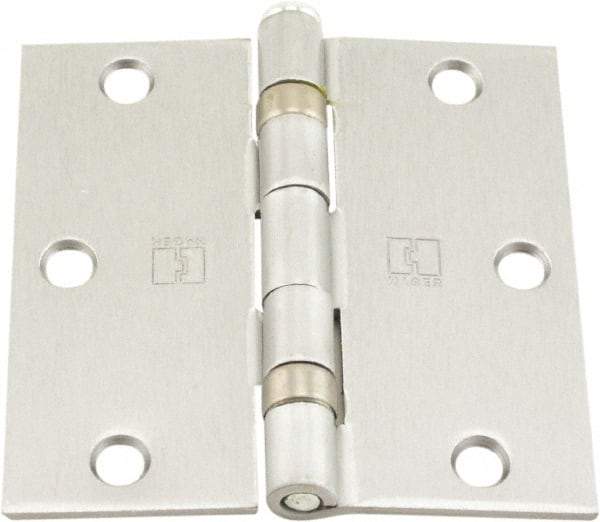 Hager - 3-1/2" Wide x 3-1/2" High Standard Weight Ball Bearing Residential Hinge - Square Edge, Steel, Satin Chrome Finish - Industrial Tool & Supply