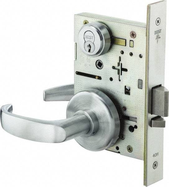 Stanley - Storeroom Lever Lockset for 1-3/8 to 1-3/4" Thick Doors - 2-3/8 to 2-3/4" Back Set, Brass, Satin Chrome Finish - Industrial Tool & Supply