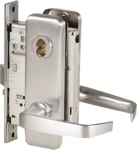Stanley - Office Lever Lockset for 1-3/8 to 1-3/4" Thick Doors - 2-3/8 to 2-3/4" Back Set, Brass, Satin Chrome Finish - Industrial Tool & Supply