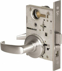 Stanley - Office Lever Lockset for 1-3/8 to 1-3/4" Thick Doors - 2-3/8 to 2-3/4" Back Set, Brass, Satin Chrome Finish - Industrial Tool & Supply