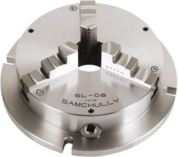 Samchully - 3 Jaw, 255mm Diam, Self Centering Manual Lathe Chuck - Plain Back Mount, Adjustable, 76mm Through Hole Diam, Forged Steel - Industrial Tool & Supply