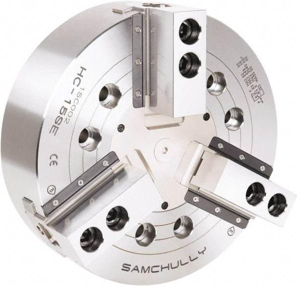 Samchully - 3 Jaw, 530mm Chuck Diam, Plain Back Mount, 0mm Through Hole Diam, Drawbar Hydraulic Power Lathe Chuck - 3mm x 60° Serrated Jaw Interface, 1,940 RPM, Steel Body - Industrial Tool & Supply