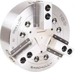 Samchully - 3 Jaw, 450mm Chuck Diam, Plain Back Mount, 0mm Through Hole Diam, Drawbar Hydraulic Power Lathe Chuck - 1.5mm x 60° Serrated Jaw Interface, 2,710 RPM, Steel Body - Industrial Tool & Supply