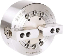 Samchully - 2 Jaw, 110mm Chuck Diam, Plain Back Mount, 0mm Through Hole Diam, Drawbar Hydraulic Power Lathe Chuck - 1.5mm x 60° Serrated Jaw Interface, 6,000 RPM, Steel Body - Industrial Tool & Supply