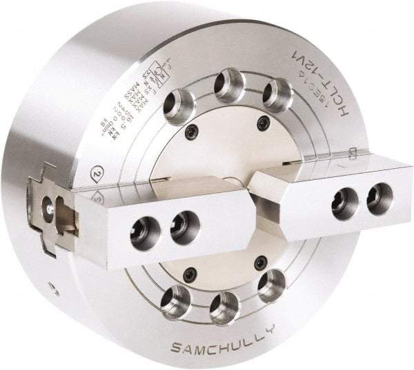 Samchully - 2 Jaw, 210mm Chuck Diam, Plain Back Mount, 0mm Through Hole Diam, Drawbar Hydraulic Power Lathe Chuck - 1.5mm x 60° Serrated Jaw Interface, 3,600 RPM, Steel Body - Industrial Tool & Supply