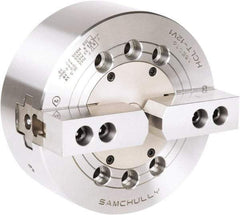 Samchully - 2 Jaw, 165mm Chuck Diam, Plain Back Mount, 0mm Through Hole Diam, Drawbar Hydraulic Power Lathe Chuck - 1.5mm x 60° Serrated Jaw Interface, 4,300 RPM, Steel Body - Industrial Tool & Supply