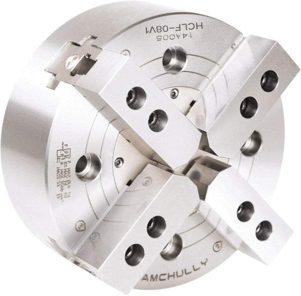 Samchully - 4 Jaw, 304mm Chuck Diam, Plain Back Mount, 0mm Through Hole Diam, Drawbar Hydraulic Power Lathe Chuck - 1.5mm x 60° Serrated Jaw Interface, 2,500 RPM, Steel Body - Industrial Tool & Supply