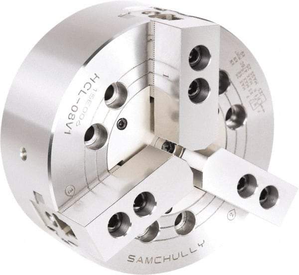 Samchully - 3 Jaw, 304mm Chuck Diam, Plain Back Mount, 0mm Through Hole Diam, Drawbar Hydraulic Power Lathe Chuck - 1.5mm x 60° Serrated Jaw Interface, 2,500 RPM, Steel Body - Industrial Tool & Supply
