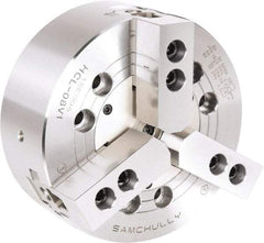 Samchully - 3 Jaw, 110mm Chuck Diam, Plain Back Mount, 0mm Through Hole Diam, Drawbar Hydraulic Power Lathe Chuck - 1.5mm x 60° Serrated Jaw Interface, 5,000 RPM, Steel Body - Industrial Tool & Supply