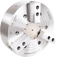 Samchully - 3 Jaw, 800mm Chuck Diam, Plain Back Mount, 240mm Through Hole Diam, Drawtube Hydraulic Power Lathe Chuck - 3mm x 60° Serrated Jaw Interface, 1,200 RPM, Steel Body - Industrial Tool & Supply