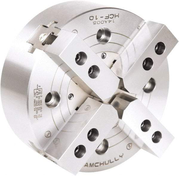 Samchully - 4 Jaw, 800mm Chuck Diam, Plain Back Mount, 0mm Through Hole Diam, Drawbar Hydraulic Power Lathe Chuck - Tongue & Groove Jaw Interface, 800 RPM, Steel Body - Industrial Tool & Supply