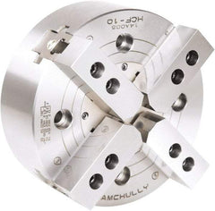 Samchully - 4 Jaw, 304mm Chuck Diam, Plain Back Mount, 0mm Through Hole Diam, Drawbar Hydraulic Power Lathe Chuck - 1.5mm x 60° Serrated Jaw Interface, 3,000 RPM, Steel Body - Industrial Tool & Supply