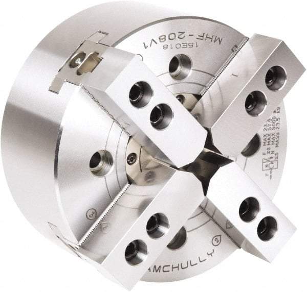 Samchully - 4 Jaw, 210mm Chuck Diam, Plain Back Mount, 66mm Through Hole Diam, Drawtube Hydraulic Power Lathe Chuck - 1.5mm x 60° Serrated Jaw Interface, 5,000 RPM, Steel Body - Industrial Tool & Supply