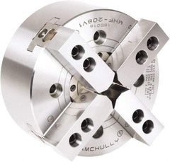 Samchully - 4 Jaw, 210mm Chuck Diam, Plain Back Mount, 66mm Through Hole Diam, Drawtube Hydraulic Power Lathe Chuck - 1.5mm x 60° Serrated Jaw Interface, 5,000 RPM, Steel Body - Industrial Tool & Supply