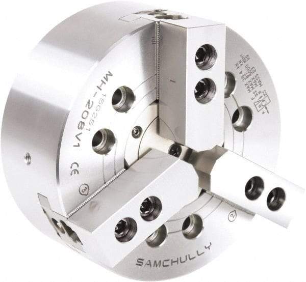Samchully - 3 Jaw, 530mm Chuck Diam, Plain Back Mount, 166.5mm Through Hole Diam, Drawtube Hydraulic Power Lathe Chuck - 1.5mm x 60° Serrated Jaw Interface, 1,700 RPM, Steel Body - Industrial Tool & Supply
