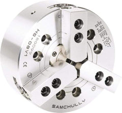 Samchully - 3 Jaw, 165mm Chuck Diam, Plain Back Mount, 46mm Through Hole Diam, Drawtube Hydraulic Power Lathe Chuck - 1.5mm x 60° Serrated Jaw Interface, 6,000 RPM, Steel Body - Industrial Tool & Supply