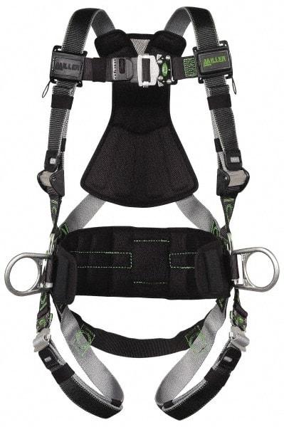 Miller - 400 Lb Capacity, Size Universal, Full Body Construction Safety Harness - Polyester (Outer) & Webbing, Side D-Ring, Quick Connect Leg Strap, Quick Connect Chest Strap, Green/Black - Industrial Tool & Supply