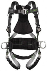Miller - 400 Lb Capacity, Size Universal, Full Body Construction Safety Harness - Polyester (Outer) & Webbing, Side D-Ring, Quick Connect Leg Strap, Quick Connect Chest Strap, Green/Black - Industrial Tool & Supply
