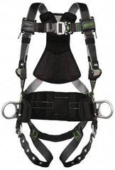 Miller - 400 Lb Capacity, Size Universal, Full Body Construction Safety Harness - Polyester (Outer) & Webbing, Side D-Ring, Tongue Leg Strap, Quick Connect Chest Strap, Green/Black - Industrial Tool & Supply
