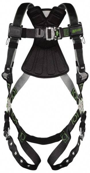 Miller - 400 Lb Capacity, Size Universal, Full Body Construction Safety Harness - Polyester (Outer) & Webbing, Tongue Leg Strap, Quick Connect Chest Strap, Green/Black - Industrial Tool & Supply