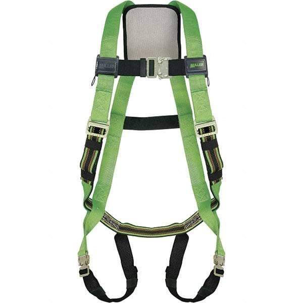 Miller - 400 Lb Capacity, Size Universal, Full Body Construction Safety Harness - Polyester Webbing, Quick Connect Leg Strap, Quick Connect Chest Strap, Green/Black - Industrial Tool & Supply