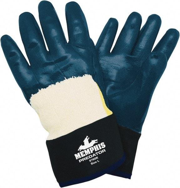 MCR Safety - Size L (9), 10-1/2" Long, Supported, Nitrile Chemical Resistant Gloves - Smooth Finish, KEVLAR Lined, Safety Cuff, Blue - Industrial Tool & Supply