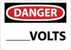 NMC - Accident Prevention Label, Header: DANGER - Legend: Danger - ____ Volts, English, Red, Black & White, 5" Long x 3" High, Sign Muscle Finish - Industrial Tool & Supply