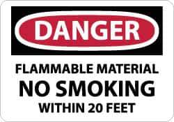 NMC - "Danger - Flammable Material - No Smoking Within 20 Feet", 10" Long x 14" Wide, Aluminum Safety Sign - Rectangle, 0.04" Thick, Use for Accident Prevention - Industrial Tool & Supply