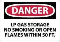 NMC - "Danger - LP Gas Storage - No Smoking or Open Flames Within 50 Ft.", 7" Long x 10" Wide, Pressure-Sensitive Vinyl Safety Sign - Rectangle, 0.004" Thick, Use for Accident Prevention - Industrial Tool & Supply