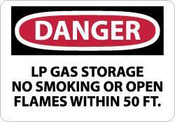 NMC - "Danger - LP Gas Storage - No Smoking or Open Flames Within 50 Ft.", 10" Long x 14" Wide, Pressure-Sensitive Vinyl Safety Sign - Rectangle, 0.004" Thick, Use for Accident Prevention - Industrial Tool & Supply